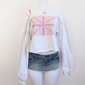 y2k union jack floral cut out sweatshirt grey cropped top